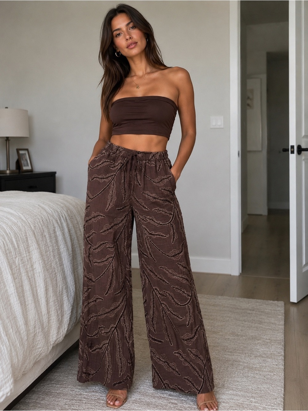Zara Brown Wide-Leg Sequin Patterned Drawstring Pants